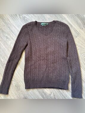 Lauren Ralph Lauren  Brown Cable Knit Cashmere v neck Sweater